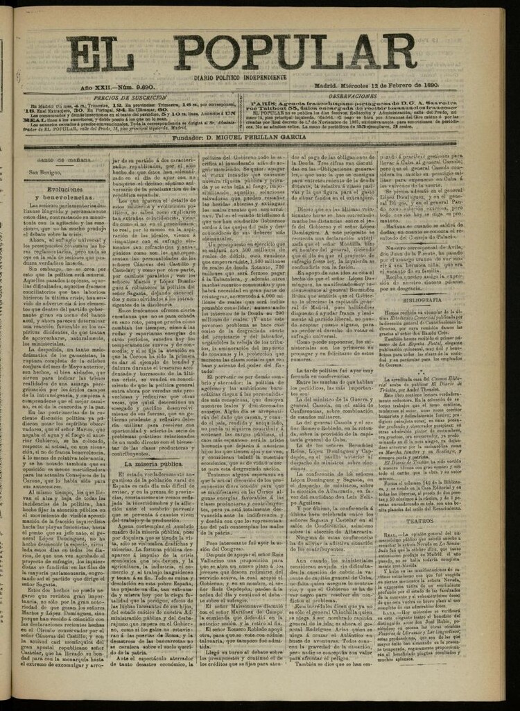 Miniatura de El Popular: diario independiente, político, literario y de noticias de interés general del 12 de febrero de 1890, nº 9690
