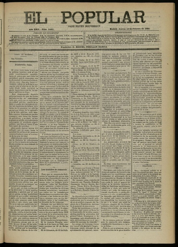 Miniatura de El Popular: diario independiente, político, literario y de noticias de interés general del 13 de febrero de 1890, nº 9691