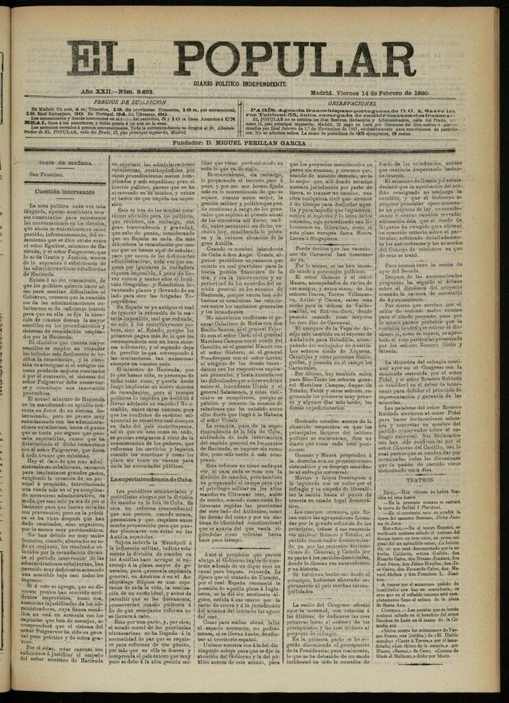 Miniatura de El Popular: diario independiente, político, literario y de noticias de interés general del 14 de febrero de 1890, nº 9692