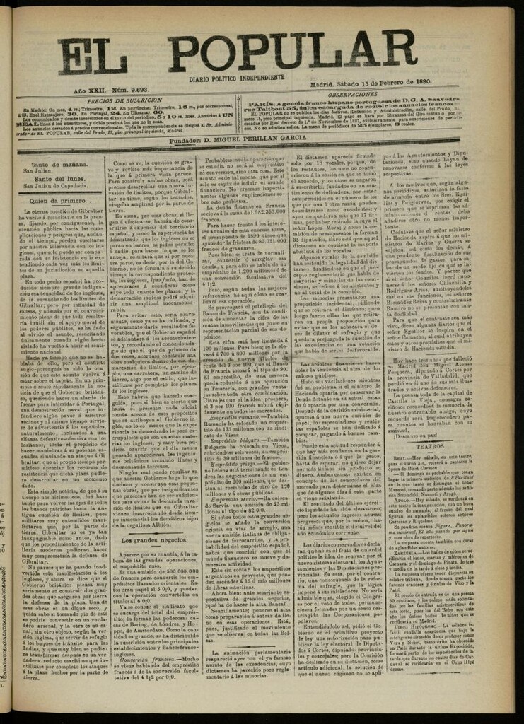 Miniatura de El Popular: diario independiente, político, literario y de noticias de interés general del 15 de febrero de 1890, nº 9693