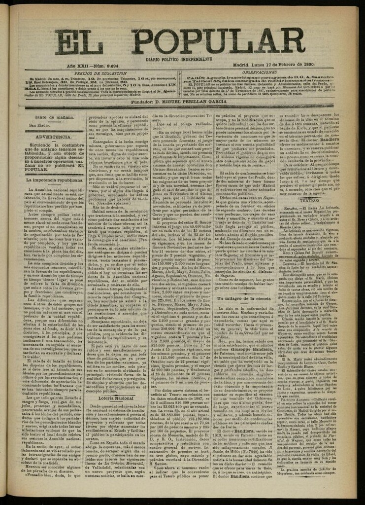 Miniatura de El Popular: diario independiente, político, literario y de noticias de interés general del 17 de febrero de 1890, nº 9694
