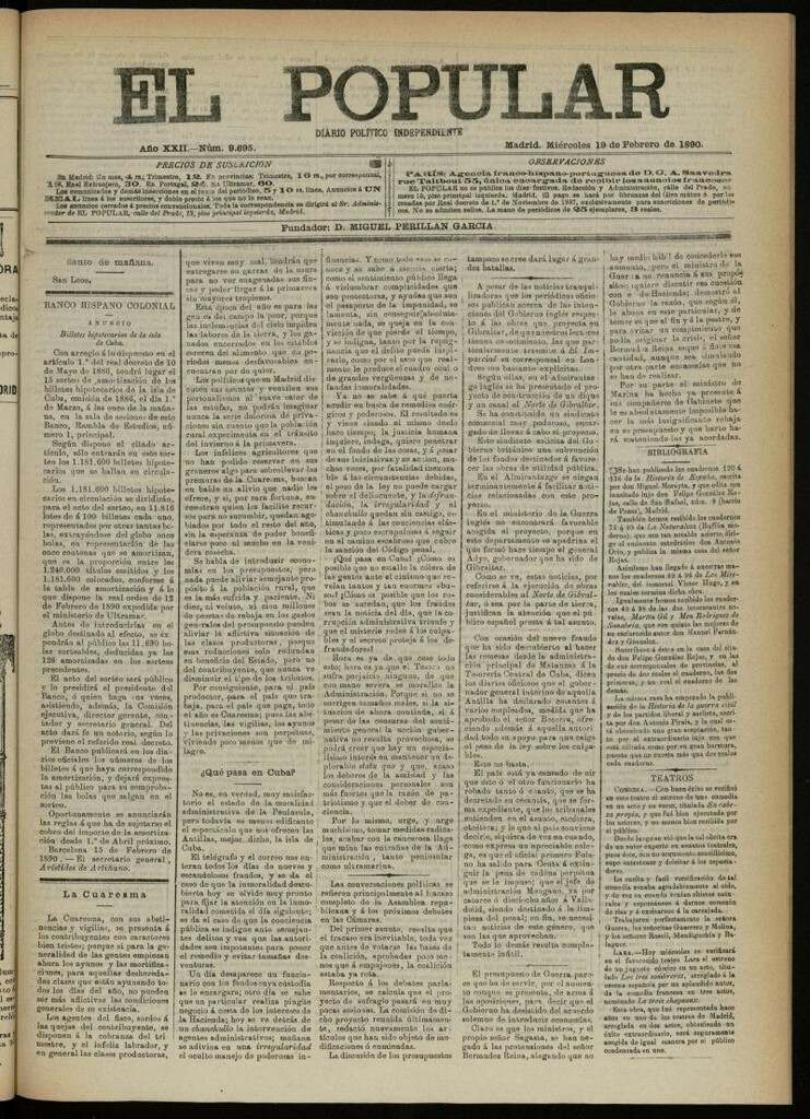 Miniatura de El Popular: diario independiente, político, literario y de noticias de interés general del 19 de febrero de 1890, nº 9695