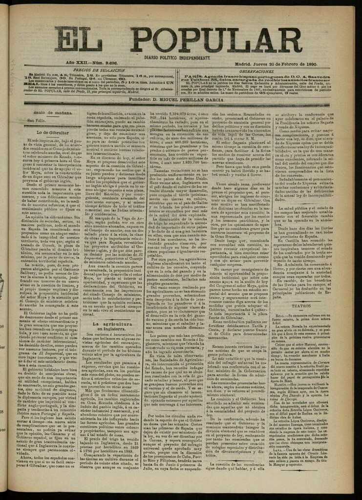 Miniatura de El Popular: diario independiente, político, literario y de noticias de interés general del 20 de febrero de 1890, nº 9696
