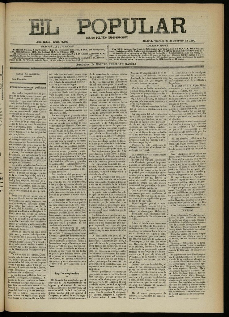 Miniatura de El Popular: diario independiente, político, literario y de noticias de interés general del 21 de febrero de 1890, nº 9697