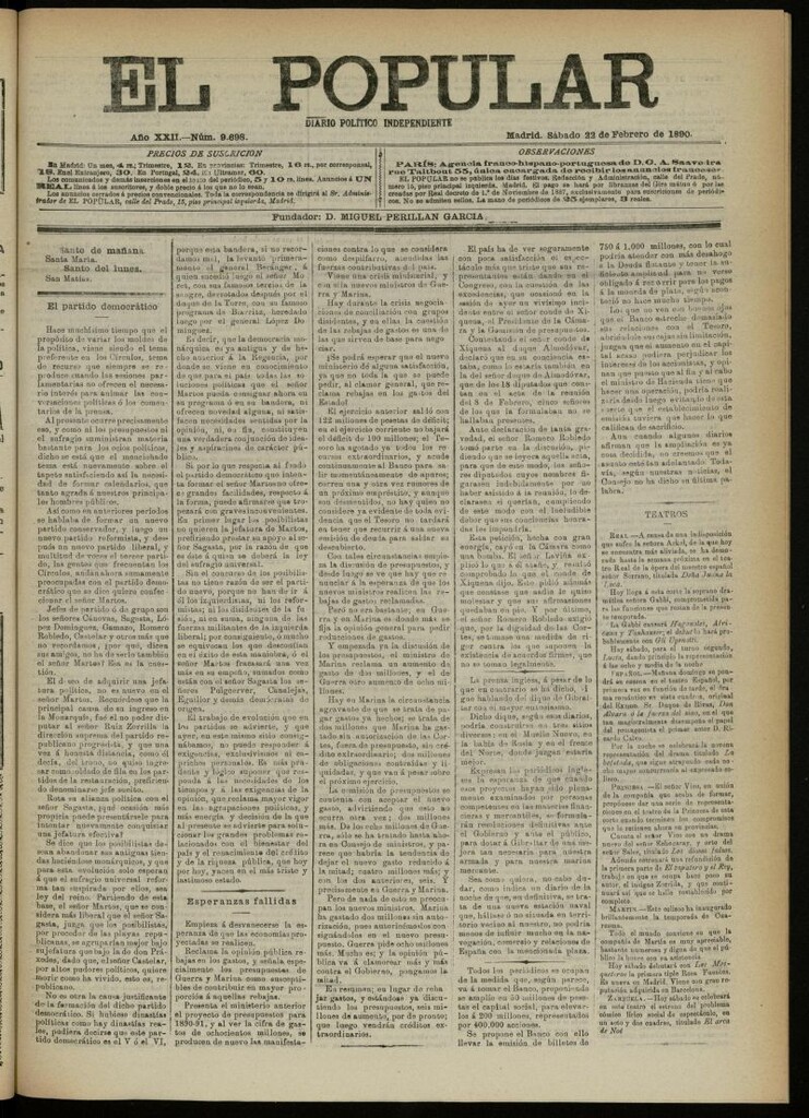 Miniatura de El Popular: diario independiente, político, literario y de noticias de interés general del 22 de febrero de 1890, nº 9698