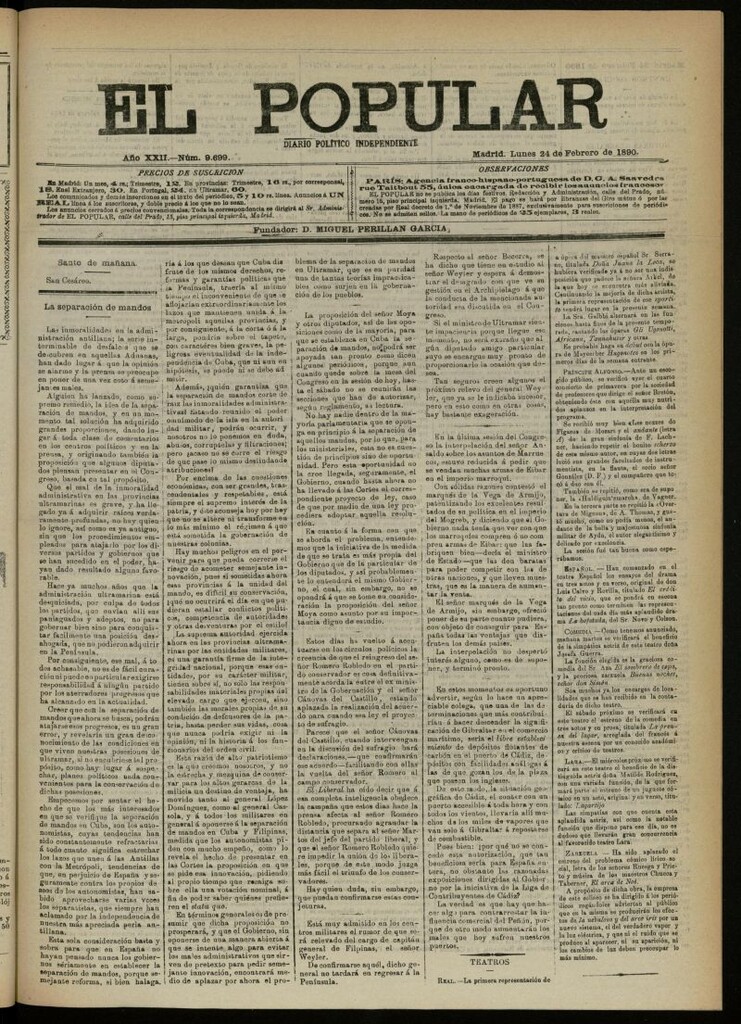 Miniatura de El Popular: diario independiente, político, literario y de noticias de interés general del 24 de febrero de 1890, nº 9699