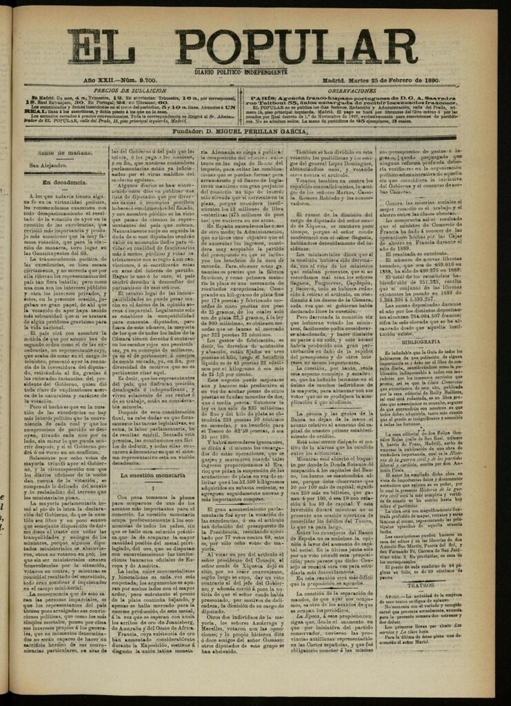 Miniatura de El Popular: diario independiente, político, literario y de noticias de interés general del 25 de febrero de 1890, nº 9700