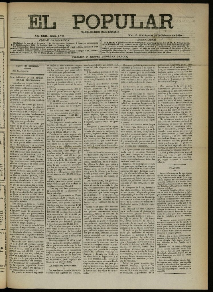 Miniatura de El Popular: diario independiente, político, literario y de noticias de interés general del 26 de febrero de 1890, nº 9701