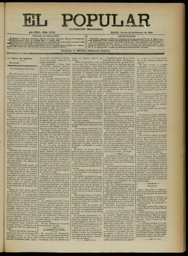 Miniatura de El Popular: diario independiente, político, literario y de noticias de interés general del 27 de febrero de 1890, nº 9702