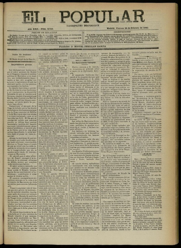 Miniatura de El Popular: diario independiente, político, literario y de noticias de interés general del 28 de febrero de 1890, nº 9703