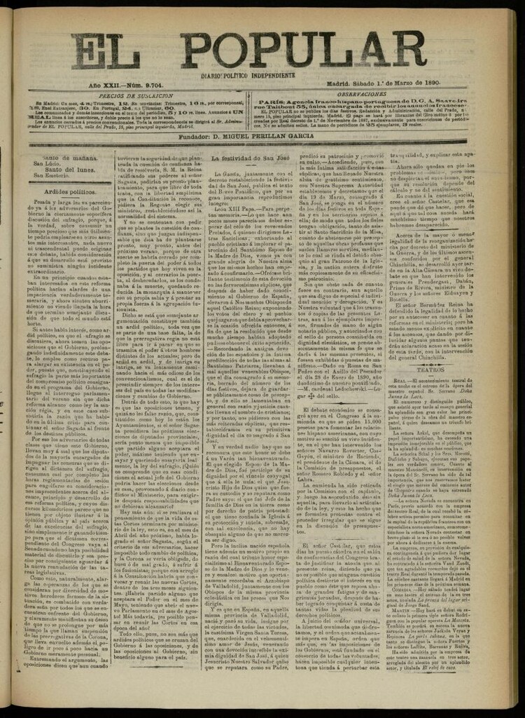 Miniatura de El Popular: diario independiente, político, literario y de noticias de interés general del 1 de marzo de 1890, nº 9704