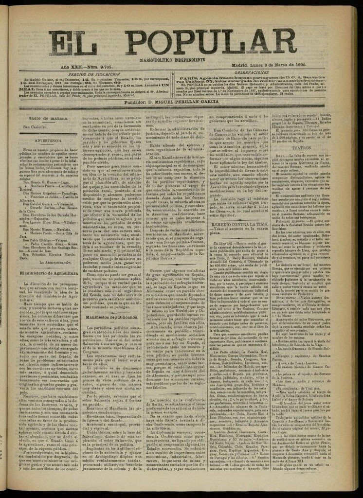 Miniatura de El Popular: diario independiente, político, literario y de noticias de interés general del 3 de marzo de 1890, nº 9705