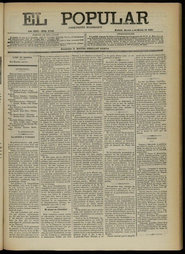 Miniatura de El Popular: diario independiente, político, literario y de noticias de interés general del 4 de marzo de 1890, nº 9706