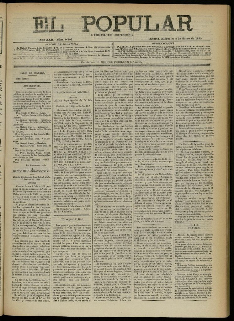 Miniatura de El Popular: diario independiente, político, literario y de noticias de interés general del 5 de marzo de 1890, nº 9707