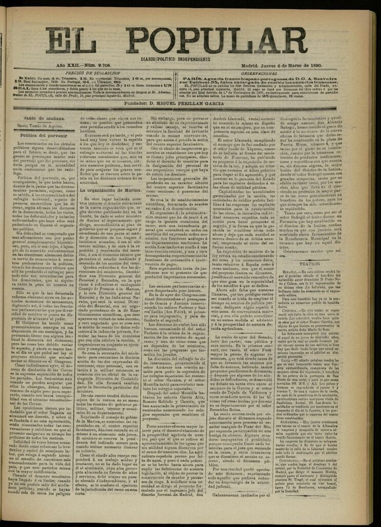 Miniatura de El Popular: diario independiente, político, literario y de noticias de interés general del 6 de marzo de 1890, nº 9708