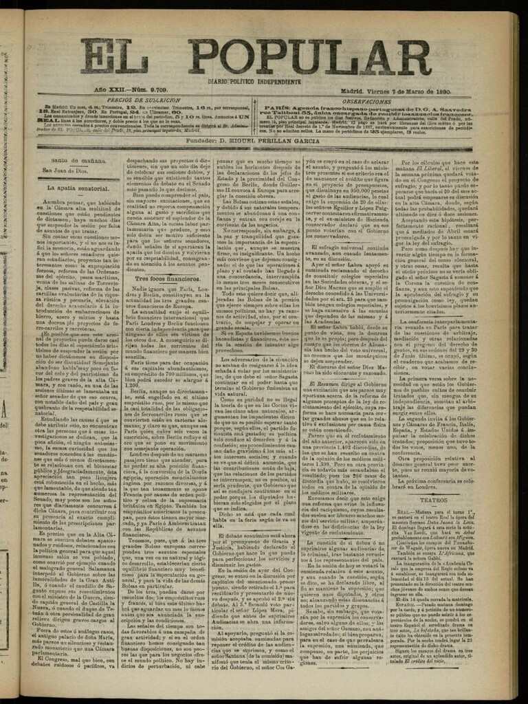 Miniatura de El Popular: diario independiente, político, literario y de noticias de interés general del 7 de marzo de 1890, nº 9709