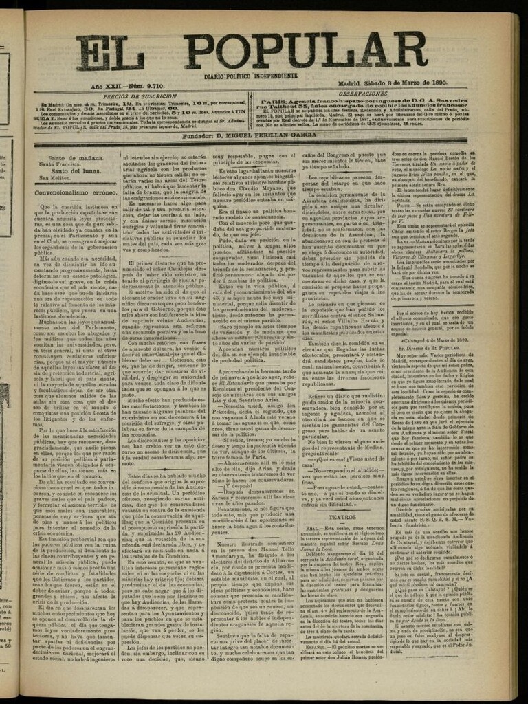 Miniatura de El Popular: diario independiente, político, literario y de noticias de interés general del 8 de marzo de 1890, nº 9710