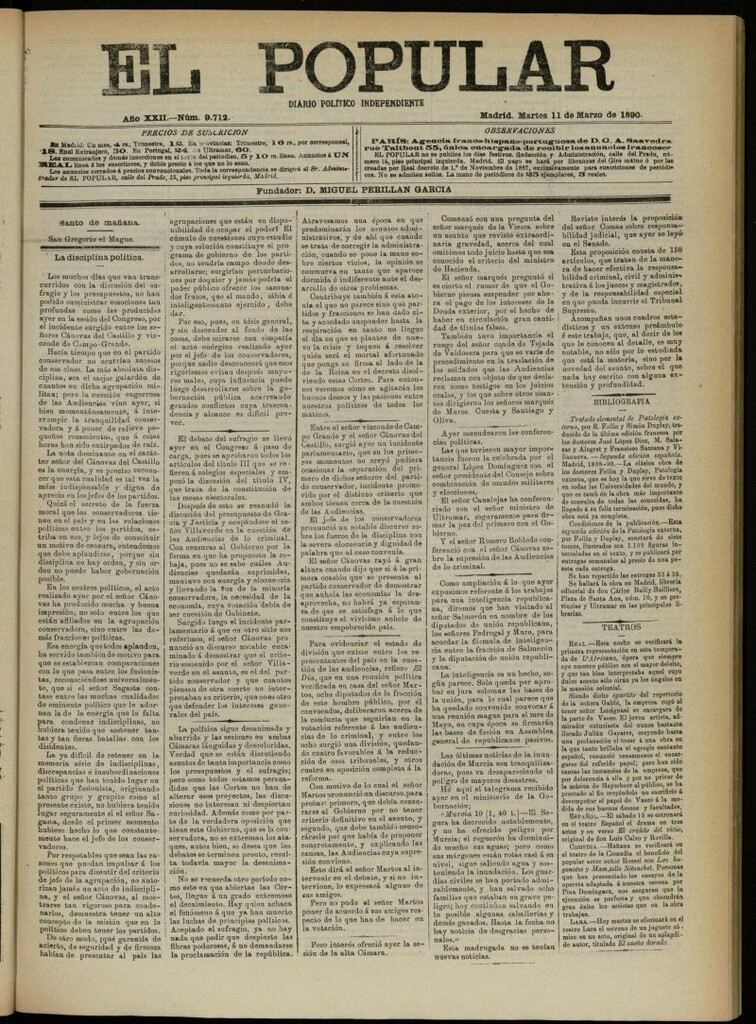 Miniatura de El Popular: diario independiente, político, literario y de noticias de interés general del 11 de marzo de 1890, nº 9712