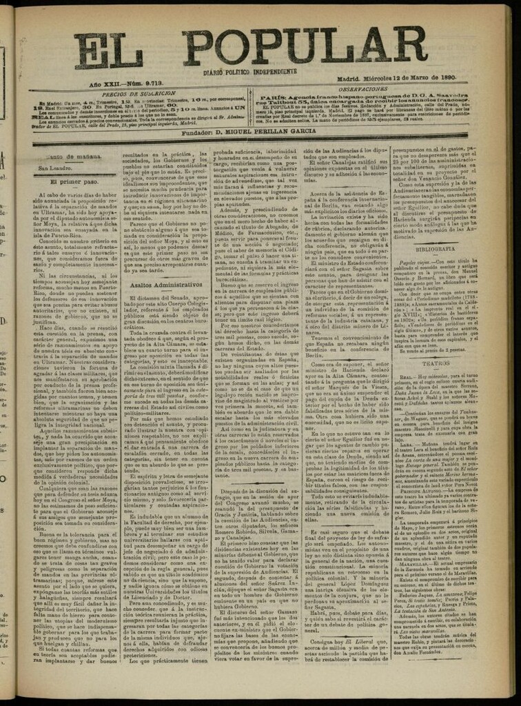 Miniatura de El Popular: diario independiente, político, literario y de noticias de interés general del 12 de marzo de 1890, nº 9713
