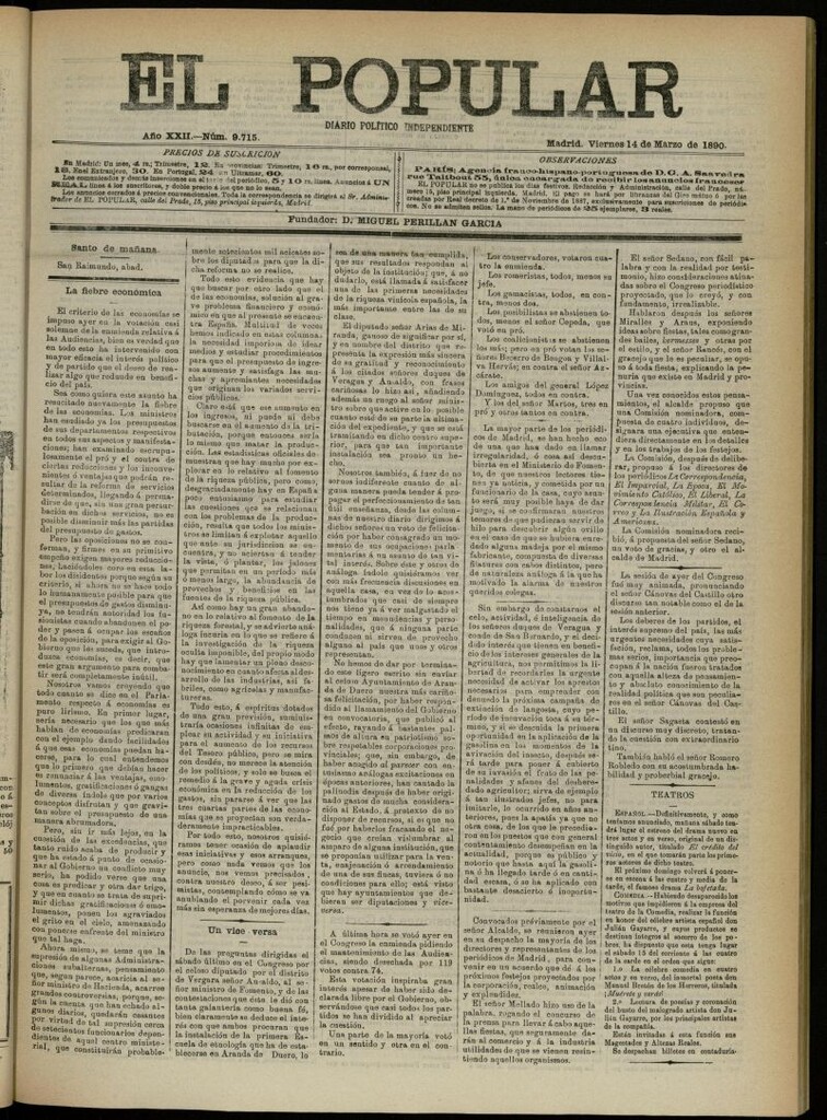 Miniatura de El Popular: diario independiente, político, literario y de noticias de interés general del 14 de marzo de 1890, nº 9715