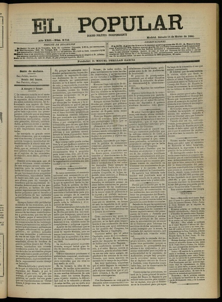 Miniatura de El Popular: diario independiente, político, literario y de noticias de interés general del 15 de marzo de 1890, nº 9716