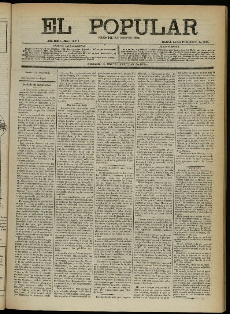 Miniatura de El Popular: diario independiente, político, literario y de noticias de interés general del 17 de marzo de 1890, nº 9717