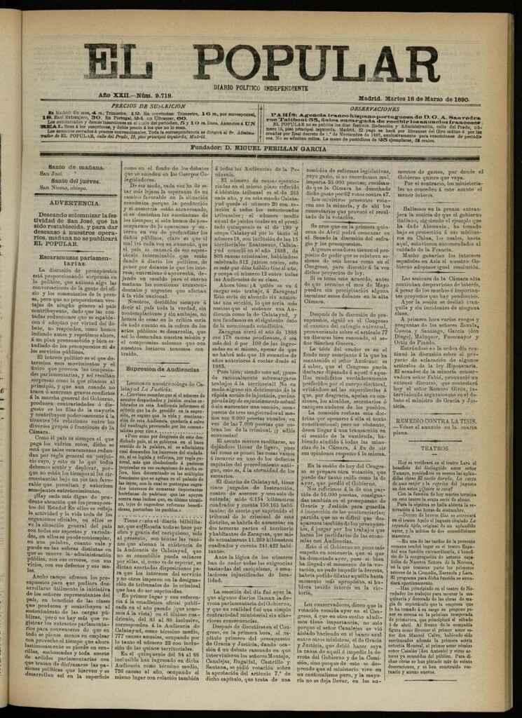 Miniatura de El Popular: diario independiente, político, literario y de noticias de interés general del 18 de marzo de 1890, nº 9718