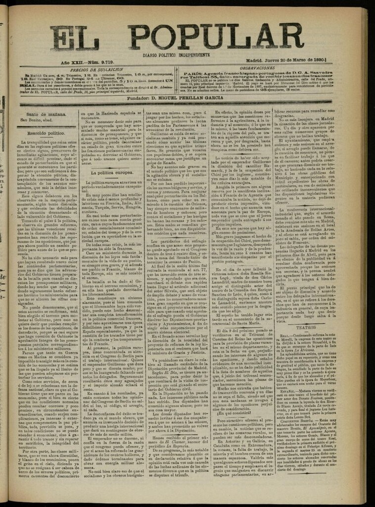Miniatura de El Popular: diario independiente, político, literario y de noticias de interés general del 20 de marzo de 1890, nº 9719