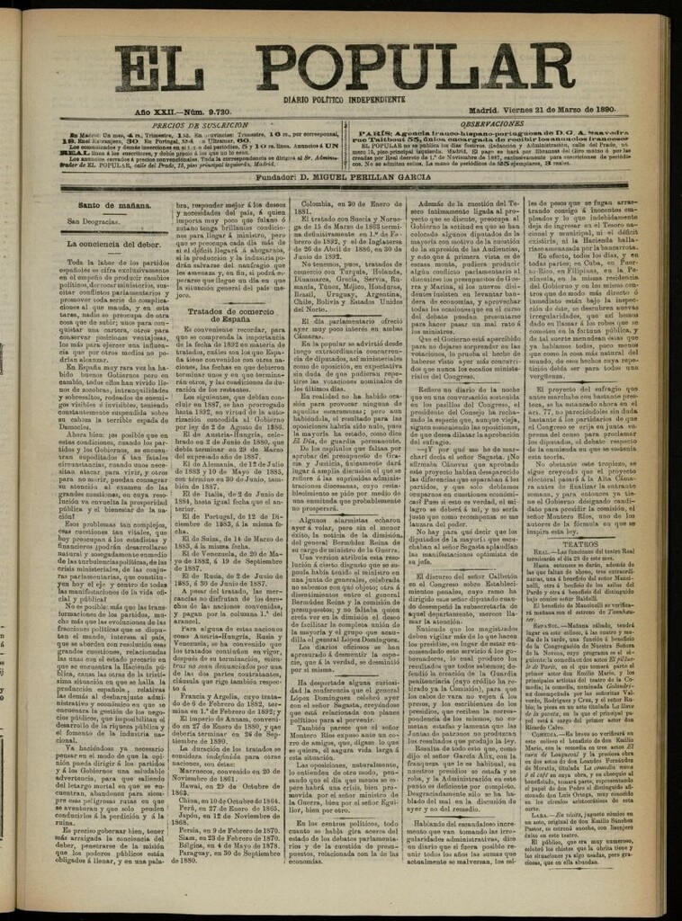 Miniatura de El Popular: diario independiente, político, literario y de noticias de interés general del 21 de marzo de 1890, nº 9720