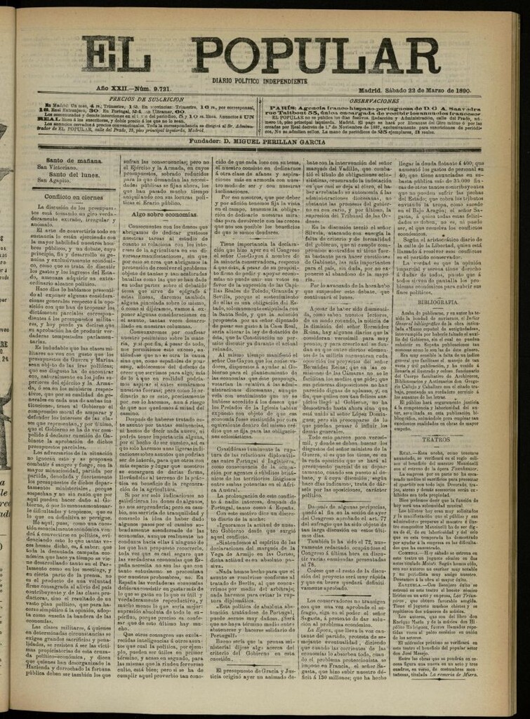 Miniatura de El Popular: diario independiente, político, literario y de noticias de interés general del 22 de marzo de 1890, nº 9721