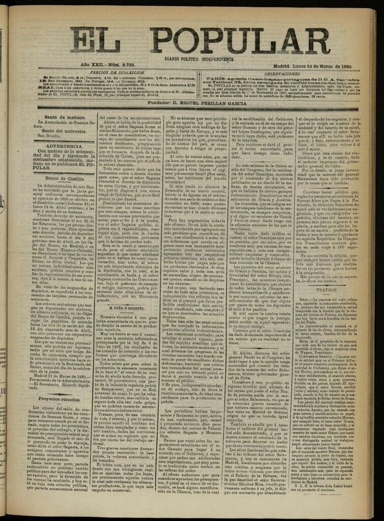 Miniatura de El Popular: diario independiente, político, literario y de noticias de interés general del 24 de marzo de 1890, nº 9722