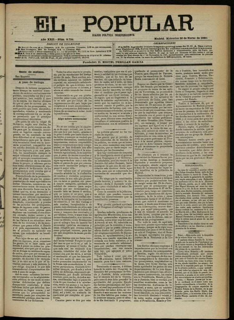 Miniatura de El Popular: diario independiente, político, literario y de noticias de interés general del 26 de marzo de 1890, nº 9724