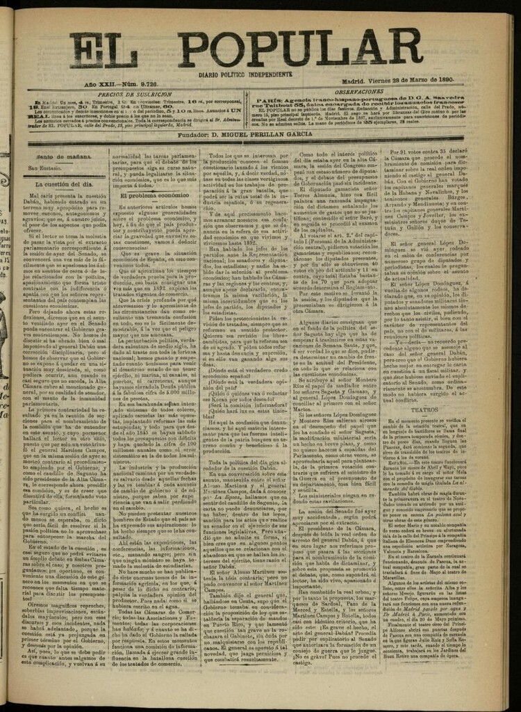 Miniatura de El Popular: diario independiente, político, literario y de noticias de interés general del 28 de marzo de 1890, nº 9726