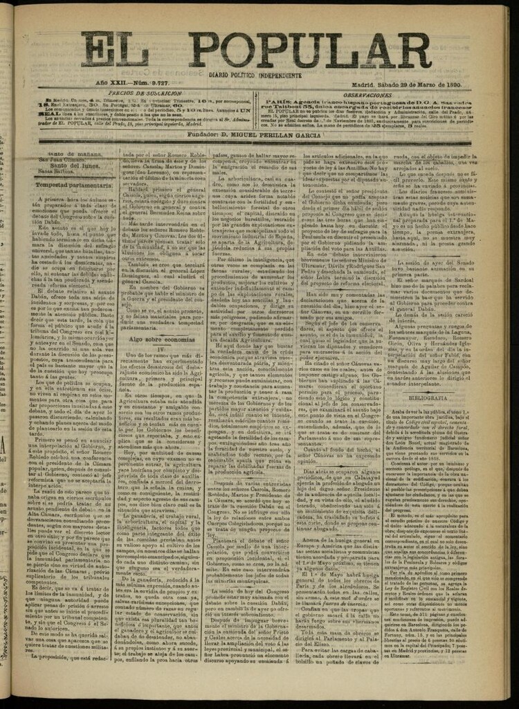 Miniatura de El Popular: diario independiente, político, literario y de noticias de interés general del 29 de marzo de 1890, nº 9727