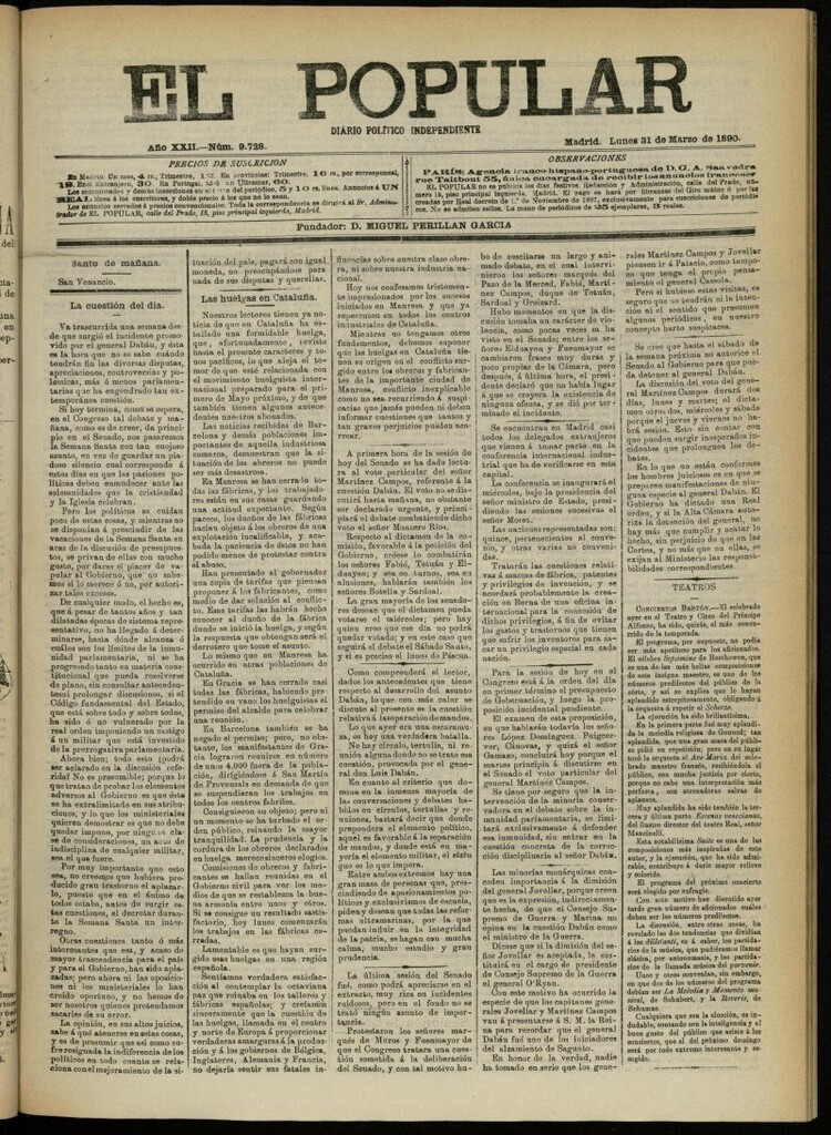 Miniatura de El Popular: diario independiente, político, literario y de noticias de interés general del 31 de marzo de 1890, nº 9728