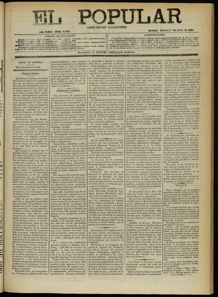Miniatura de El Popular: diario independiente, político, literario y de noticias de interés general del 1 de abril de 1890, nº 9729