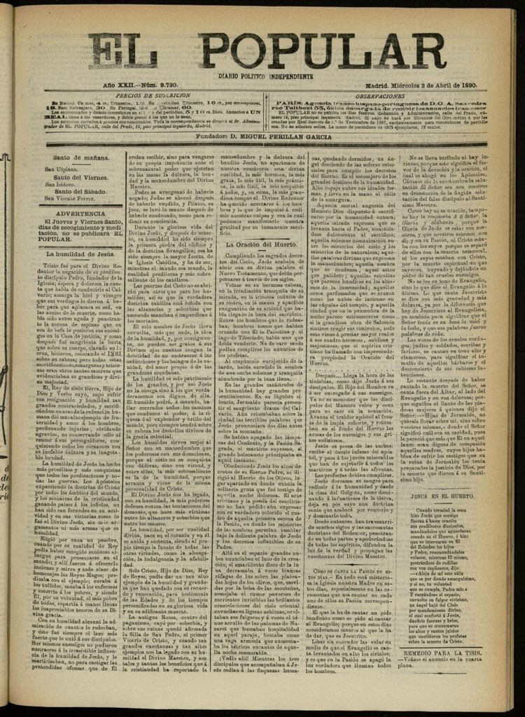 Miniatura de El Popular: diario independiente, político, literario y de noticias de interés general del 2 de abril de 1890, nº 9730