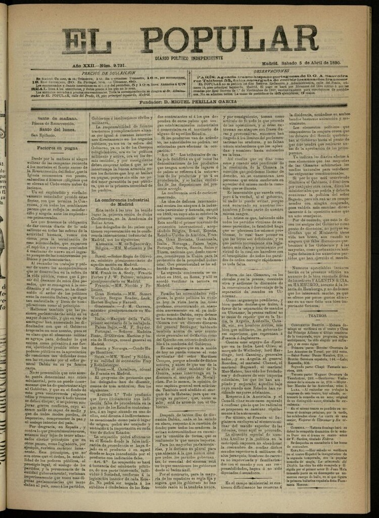Miniatura de El Popular: diario independiente, político, literario y de noticias de interés general del 5 de abril de 1890, nº 9731