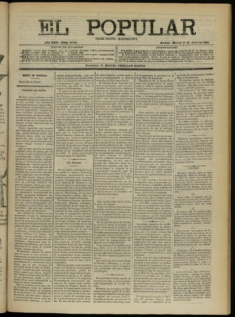 Miniatura de El Popular: diario independiente, político, literario y de noticias de interés general del 8 de abril de 1890, nº 9733