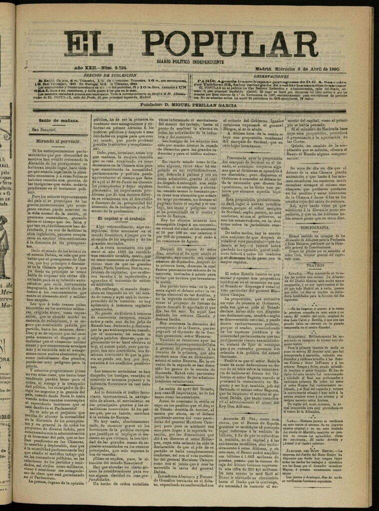 Miniatura de El Popular: diario independiente, político, literario y de noticias de interés general del 9 de abril de 1890, nº 9734