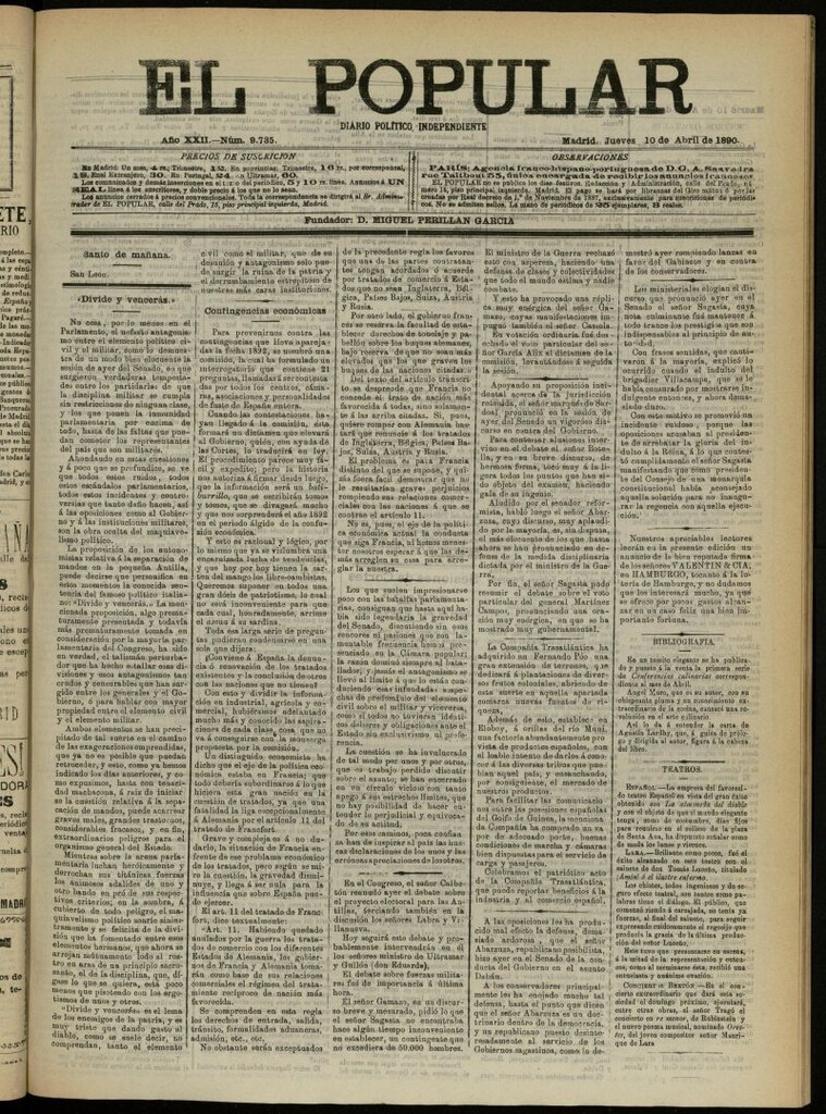 Miniatura de El Popular: diario independiente, político, literario y de noticias de interés general del 10 de abril de 1890, nº 9735