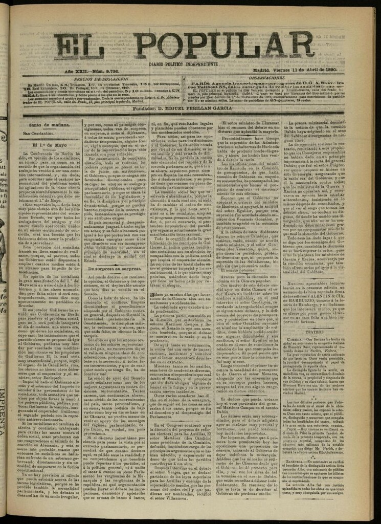 Miniatura de El Popular: diario independiente, político, literario y de noticias de interés general del 11 de abril de 1890, nº 9736