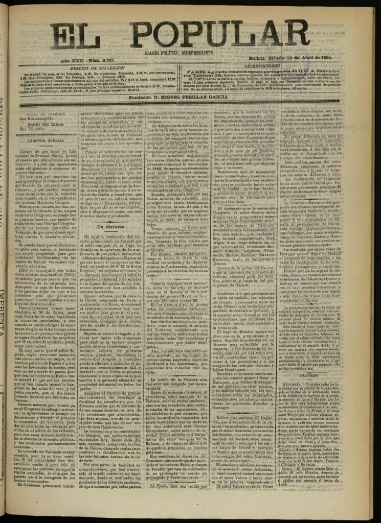 Miniatura de El Popular: diario independiente, político, literario y de noticias de interés general del 12 de abril de 1890, nº 9737