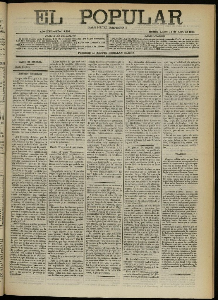 Miniatura de El Popular: diario independiente, político, literario y de noticias de interés general del 14 de abril de 1890, nº 9738