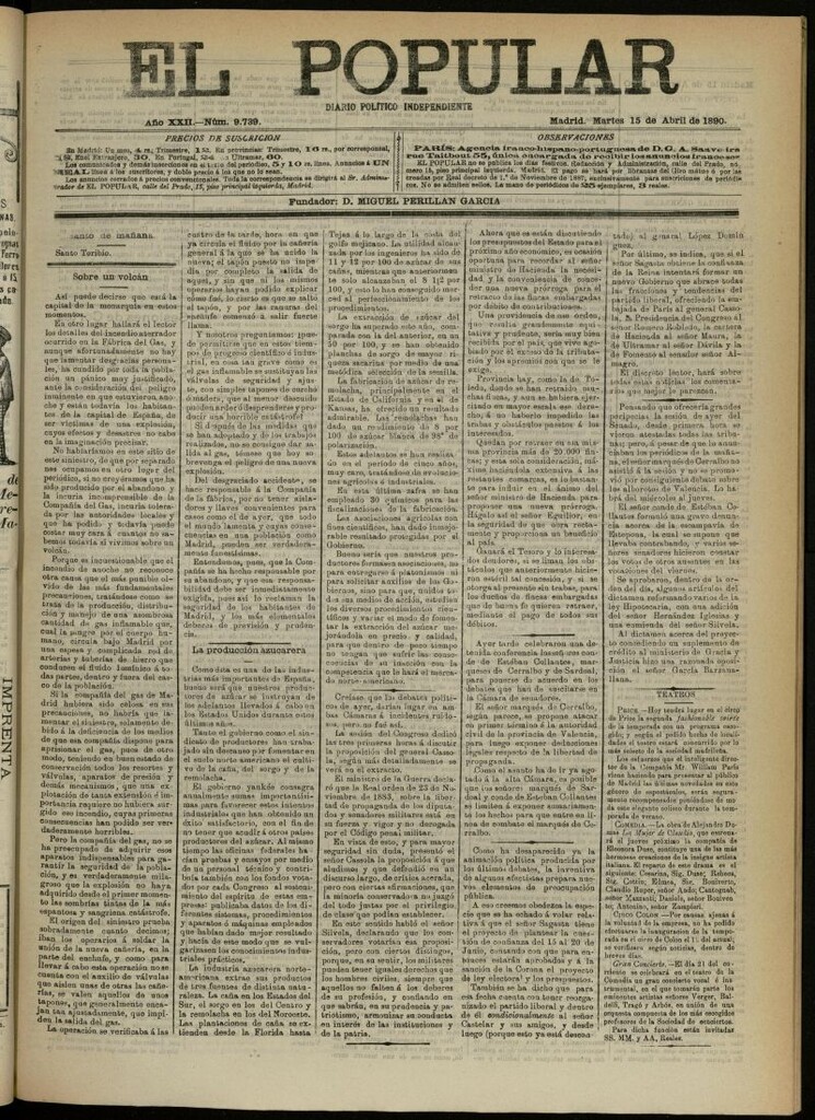 Miniatura de El Popular: diario independiente, político, literario y de noticias de interés general del 15 de abril de 1890, nº 9739