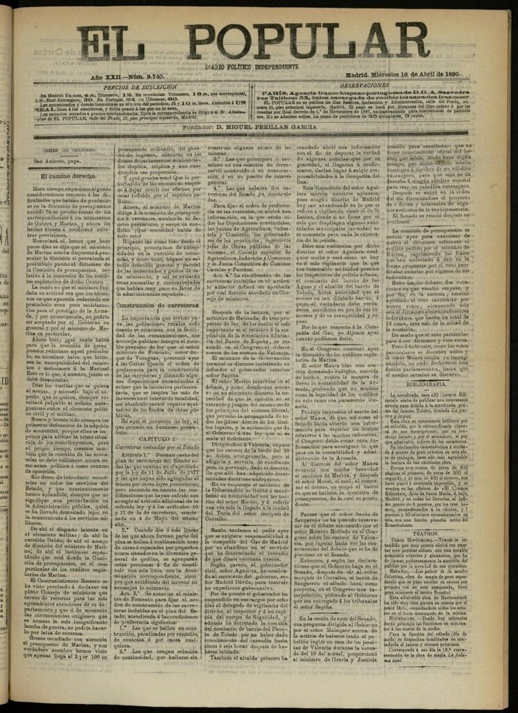 Miniatura de El Popular: diario independiente, político, literario y de noticias de interés general del 16 de abril de 1890, nº 9740