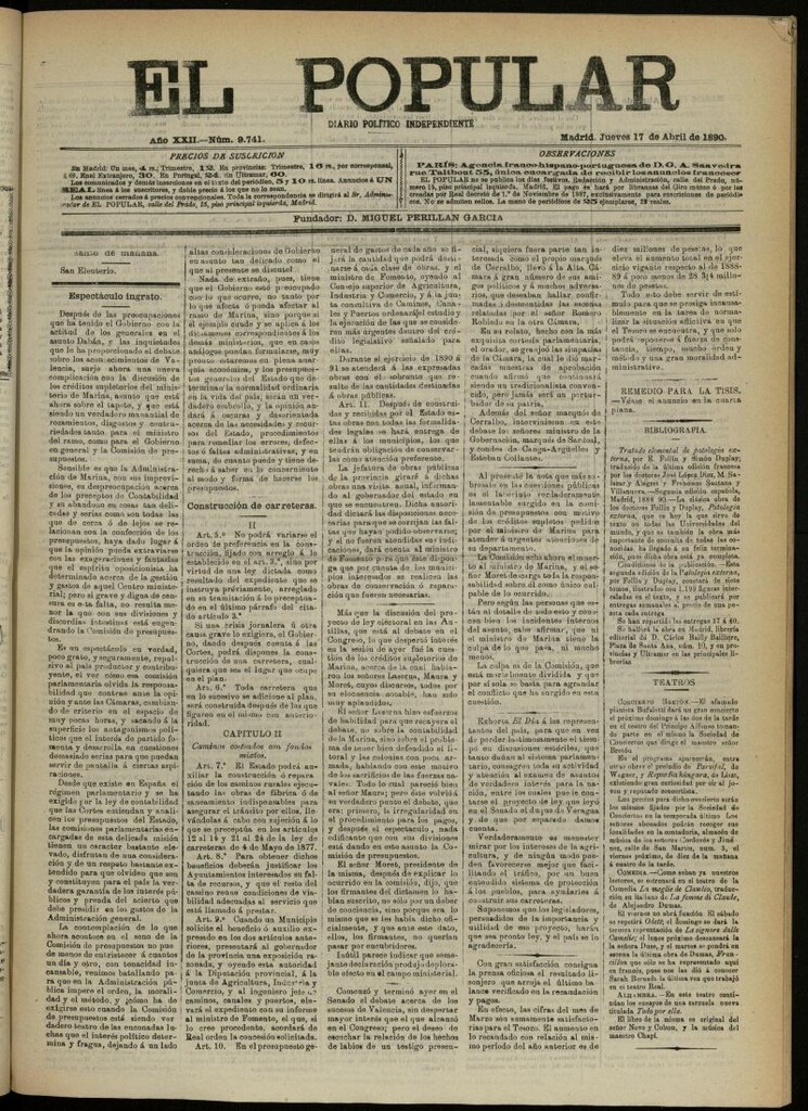 Miniatura de El Popular: diario independiente, político, literario y de noticias de interés general del 17 de abril de 1890, nº 9741
