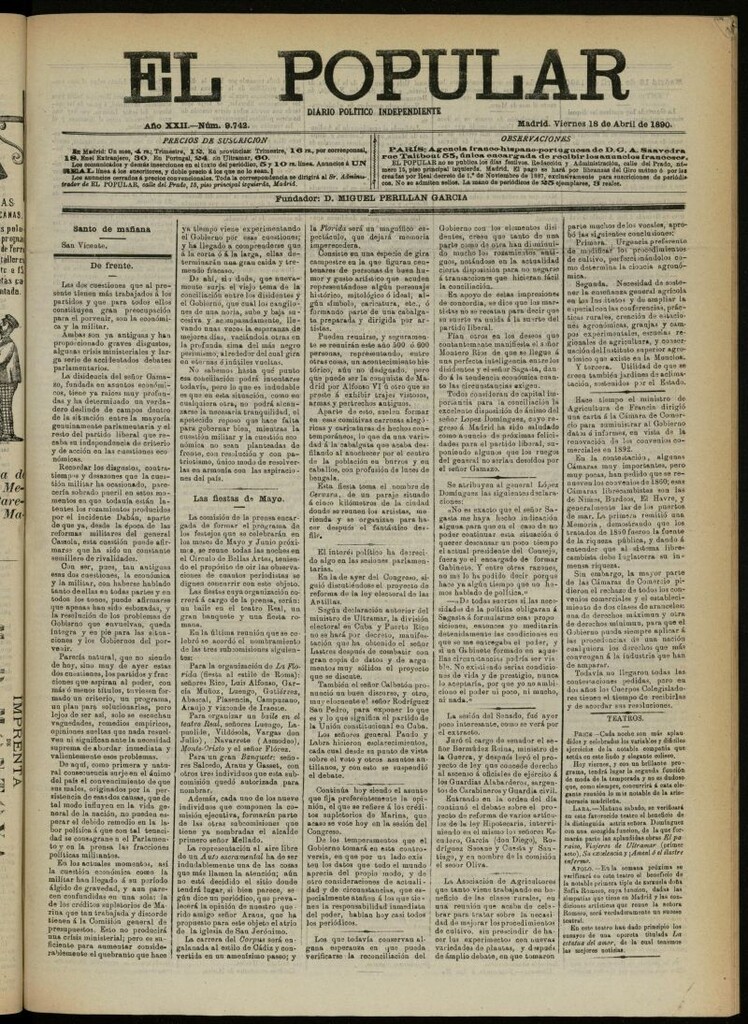 Miniatura de El Popular: diario independiente, político, literario y de noticias de interés general del 18 de abril de 1890, nº 9742