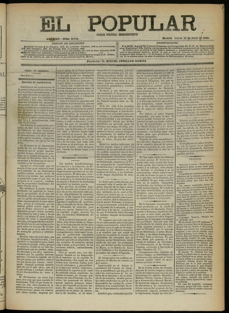 Miniatura de El Popular: diario independiente, político, literario y de noticias de interés general del 21 de abril de 1890, nº 9744