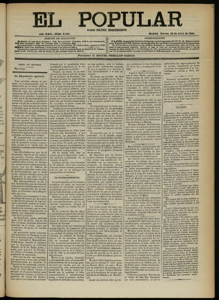 Miniatura de El Popular: diario independiente, político, literario y de noticias de interés general del 22 de abril de 1890, nº 9745